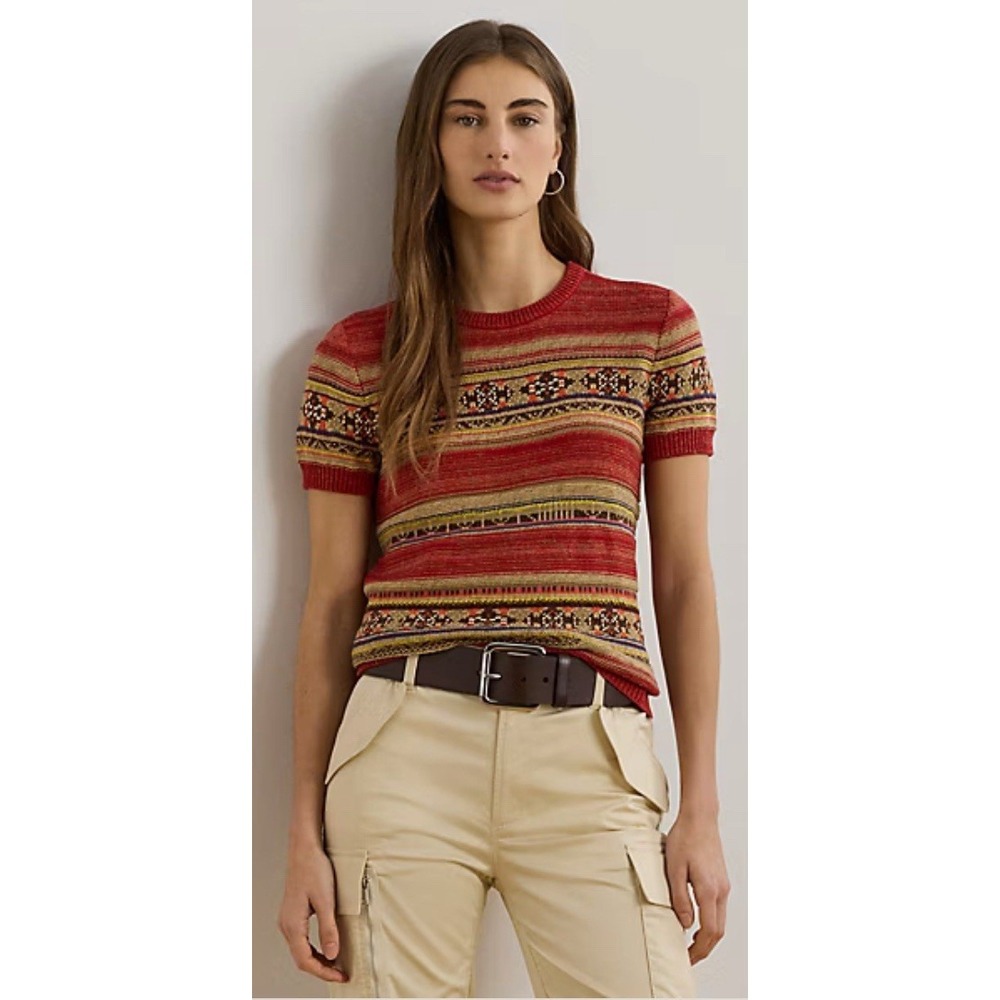 Lauren Ralph Lauren Red Multicolor Short-Sleeve Fair Isle Knit Top